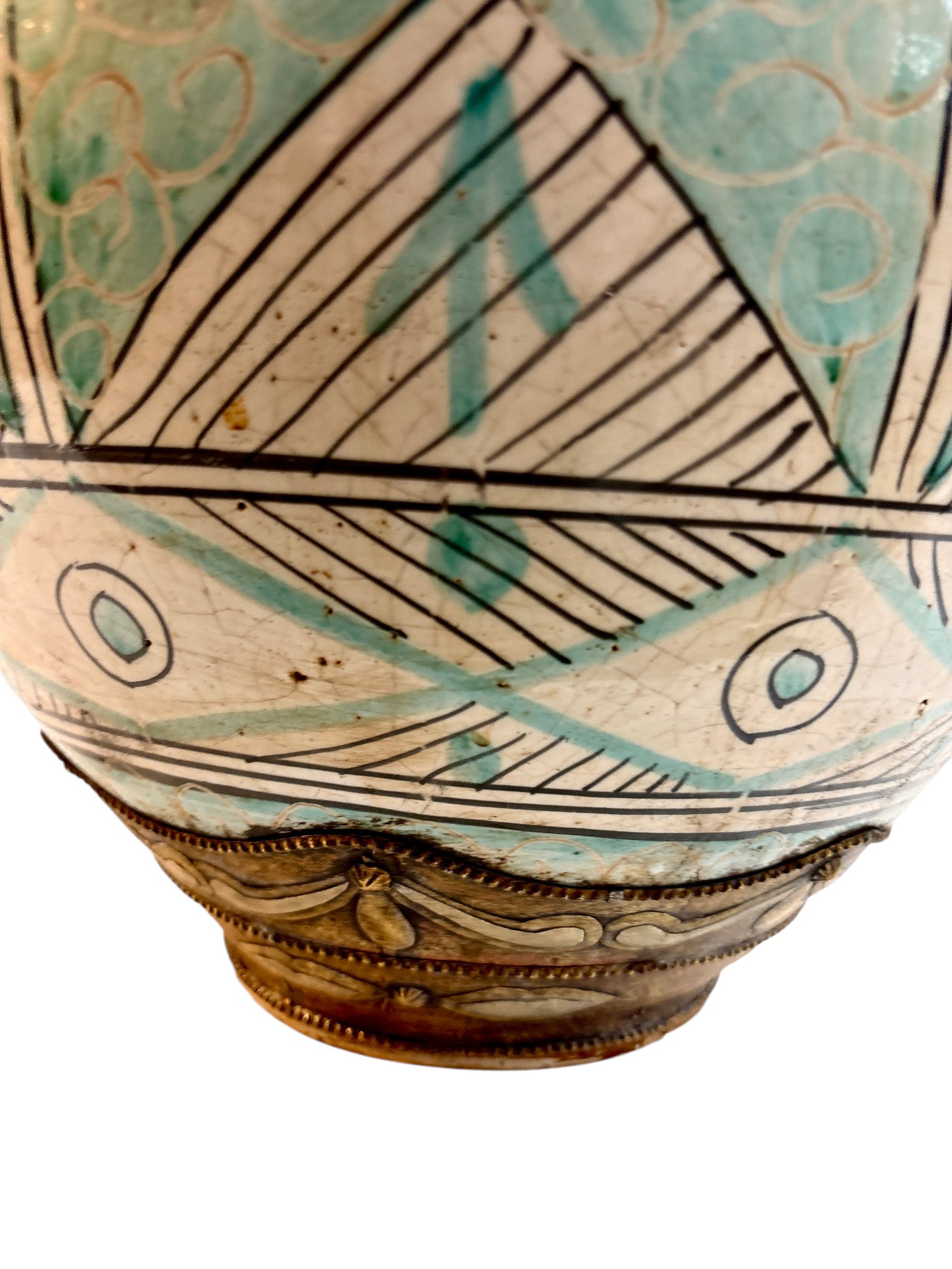 Hand-Painted Green &amp; Ivory Double-Gourd Lidded Urn with Brass Metalwork
