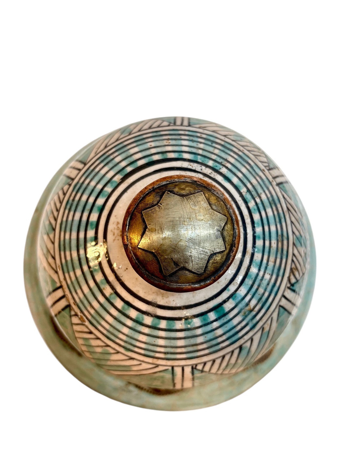 Hand-Painted Green &amp; Ivory Double-Gourd Lidded Urn with Brass Metalwork