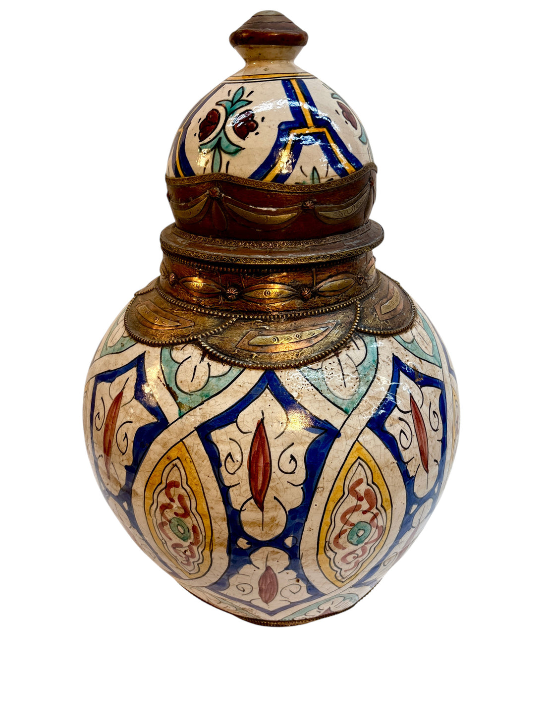 Moroccan Hand-Painted Polychrome Double-Gourd Lidded Urn with Brass Metalwork