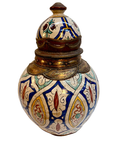 Moroccan Hand-Painted Polychrome Double-Gourd Lidded Urn with Brass Metalwork