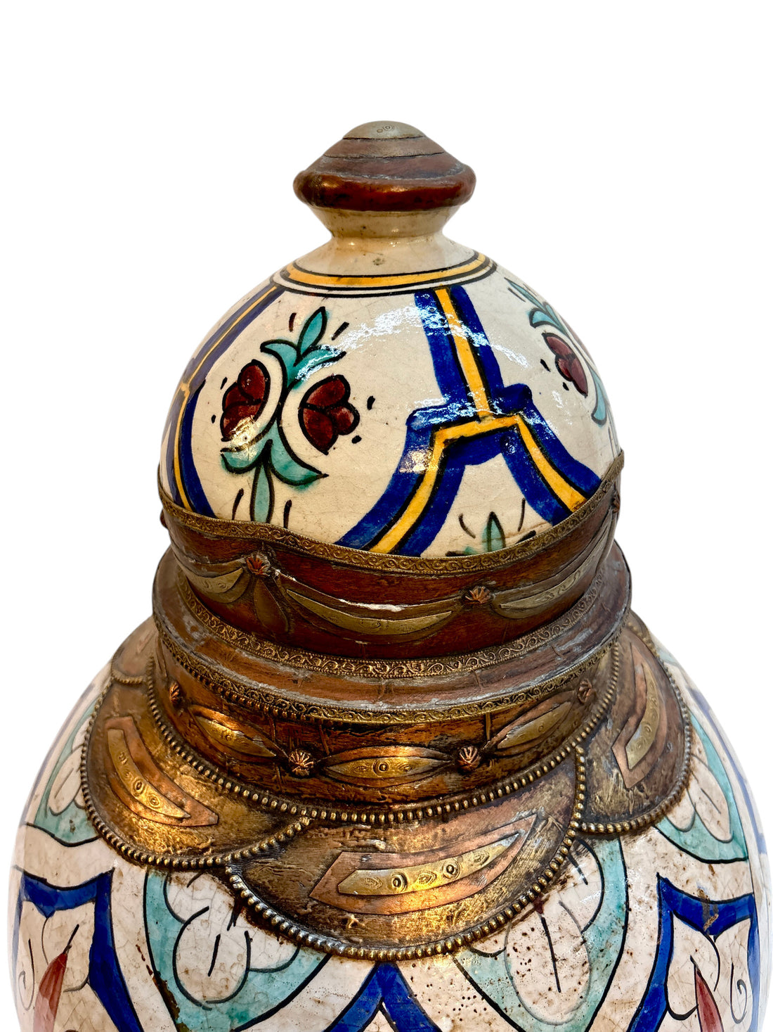 Moroccan Hand-Painted Polychrome Double-Gourd Lidded Urn with Brass Metalwork