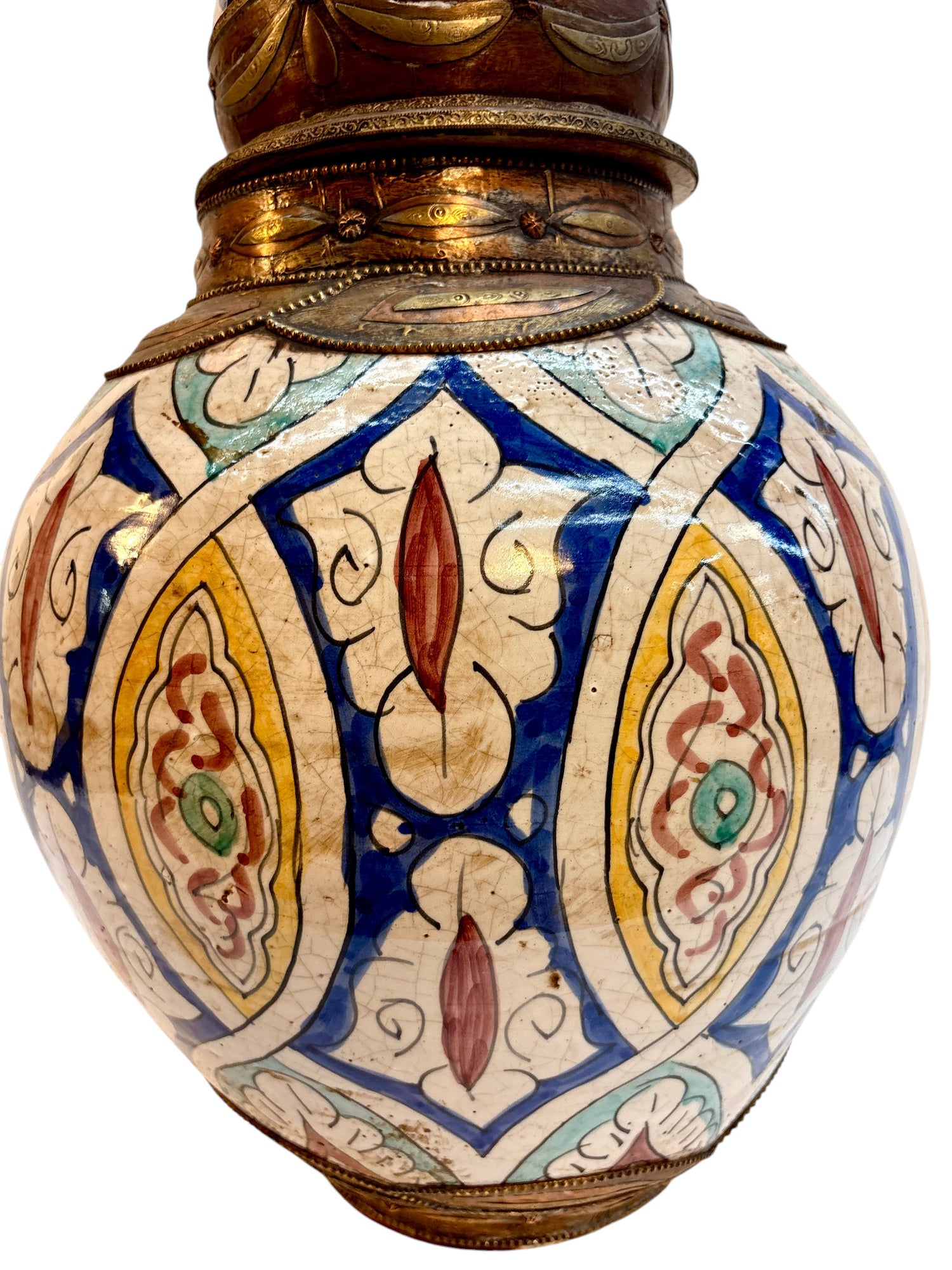 Moroccan Hand-Painted Polychrome Double-Gourd Lidded Urn with Brass Metalwork