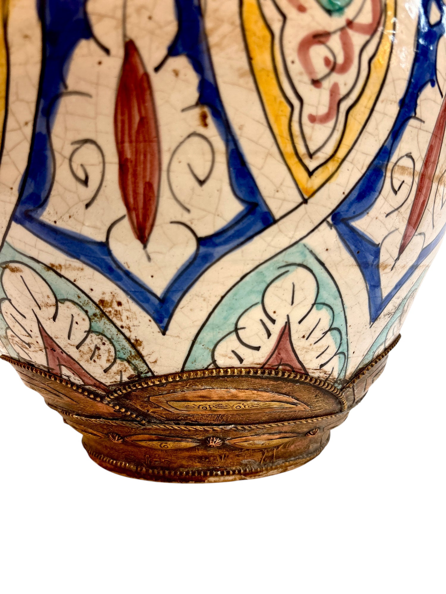 Moroccan Hand-Painted Polychrome Double-Gourd Lidded Urn with Brass Metalwork