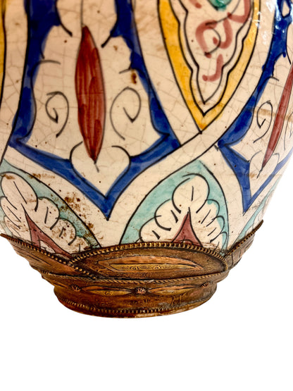 Moroccan Hand-Painted Polychrome Double-Gourd Lidded Urn with Brass Metalwork