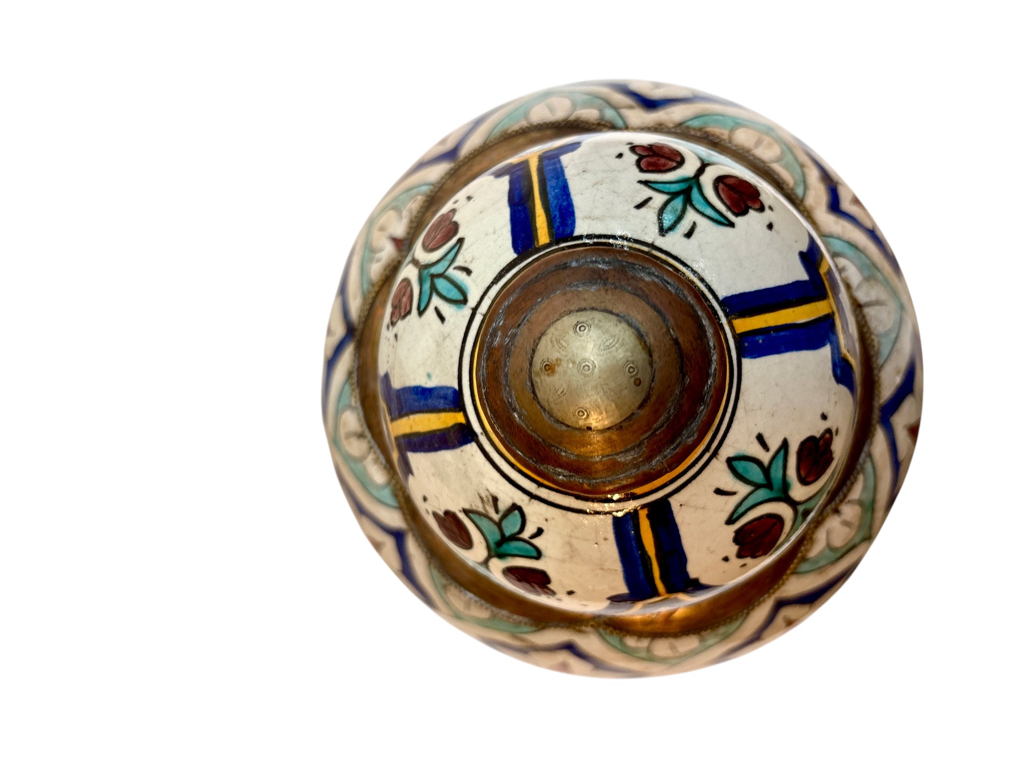 Moroccan Hand-Painted Polychrome Double-Gourd Lidded Urn with Brass Metalwork