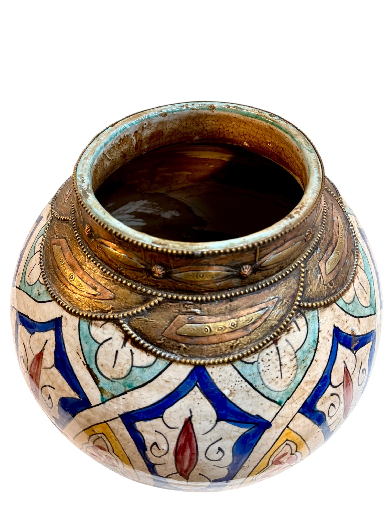 Moroccan Hand-Painted Polychrome Double-Gourd Lidded Urn with Brass Metalwork
