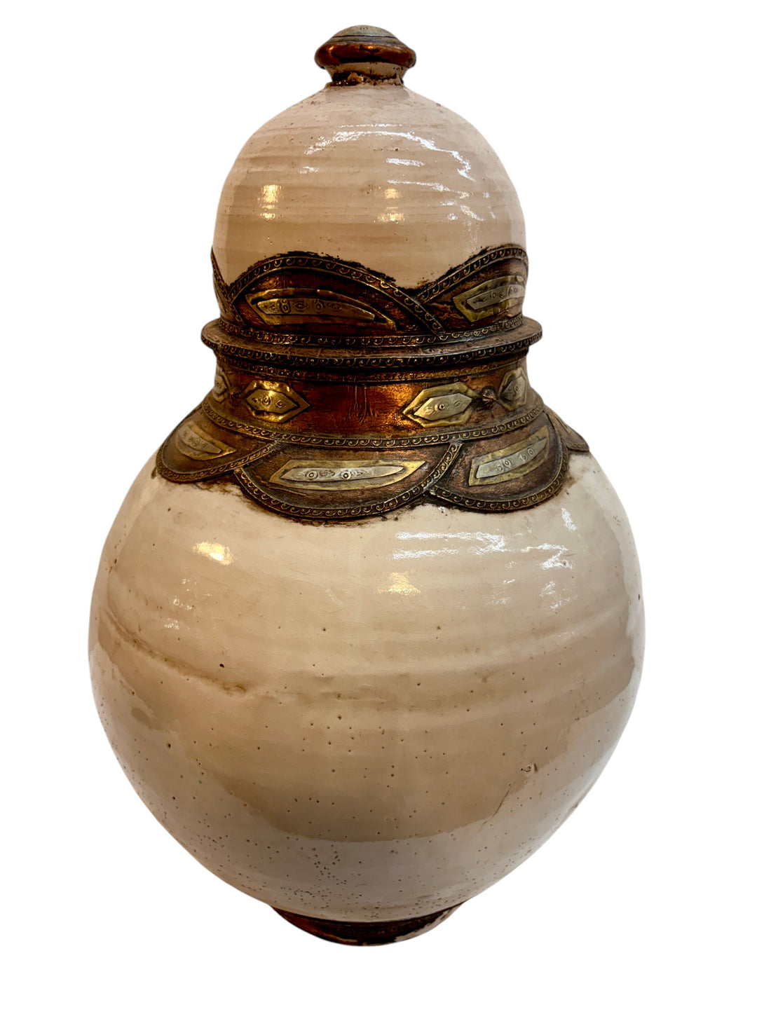 Moroccan Cream-Glazed Double-Gourd Lidded Urn with Brass Metalwork Collar