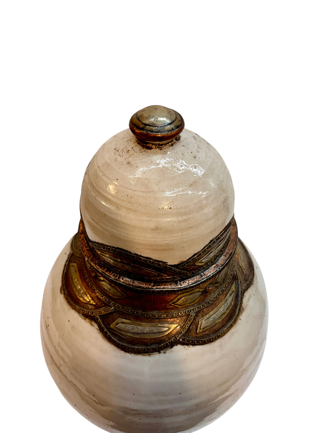 Moroccan Cream-Glazed Double-Gourd Lidded Urn with Brass Metalwork Collar