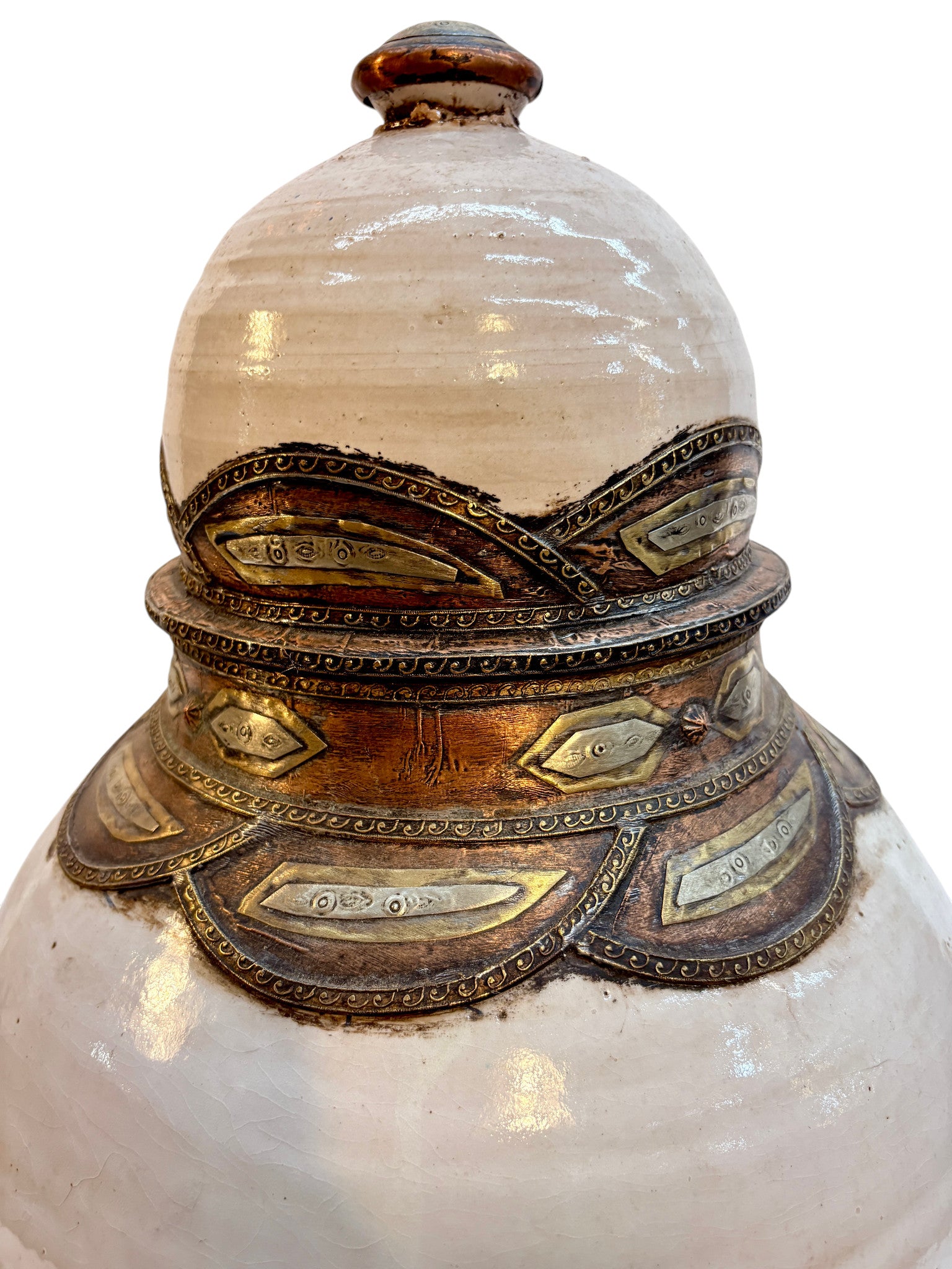 Moroccan Cream-Glazed Double-Gourd Lidded Urn with Brass Metalwork Collar