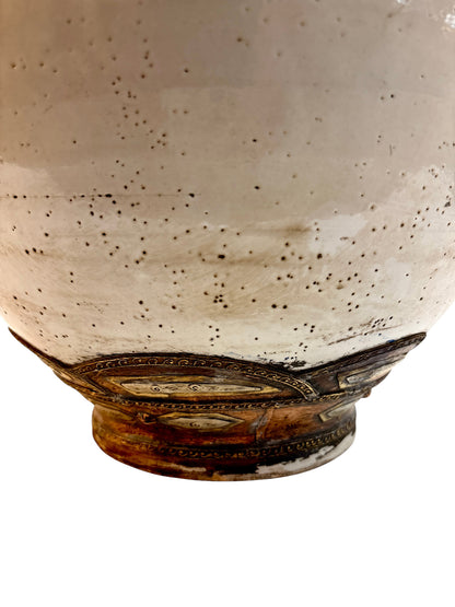 Moroccan Cream-Glazed Double-Gourd Lidded Urn with Brass Metalwork Collar