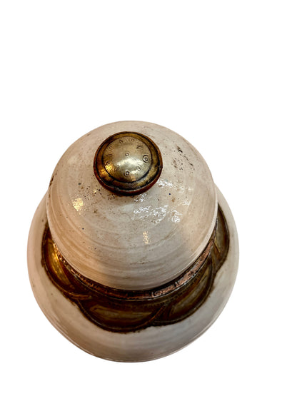 Moroccan Cream-Glazed Double-Gourd Lidded Urn with Brass Metalwork Collar
