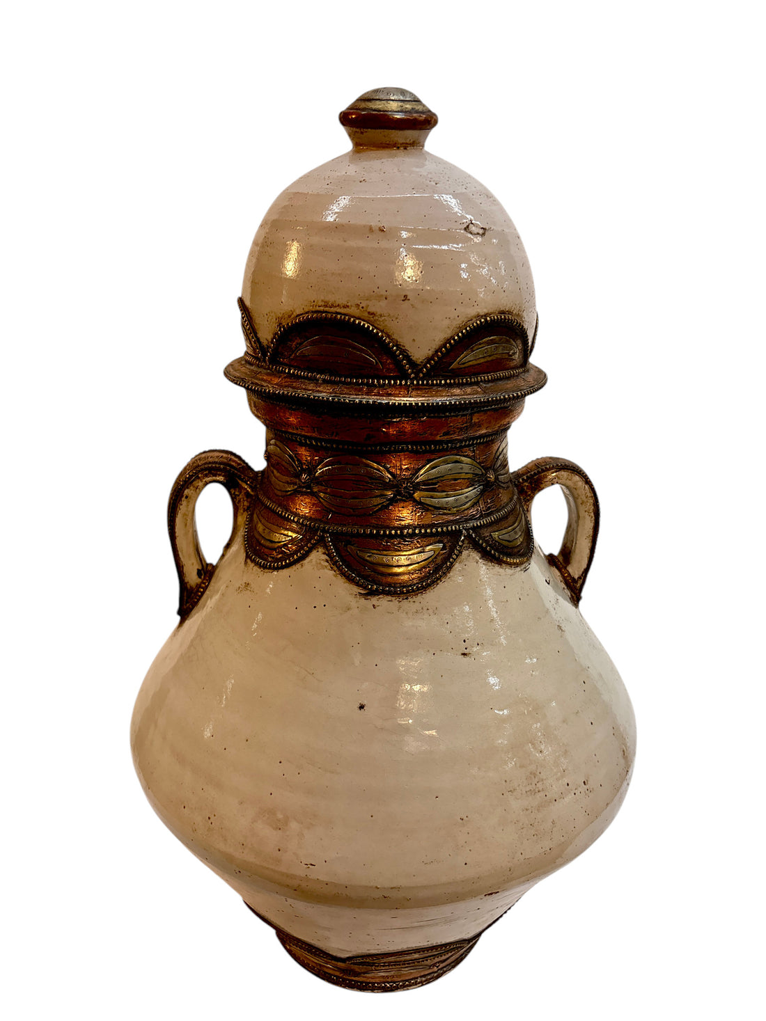 Moroccan Cream-Glazed Handled Lidded Urn with Brass Metalwork Collar