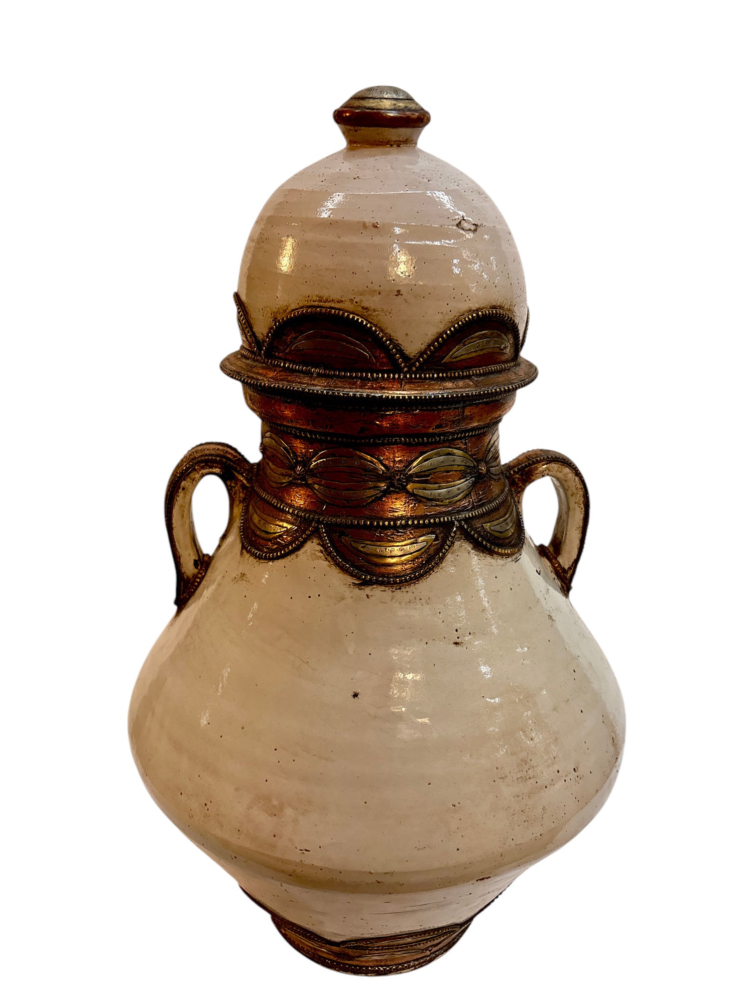 Moroccan Cream-Glazed Handled Lidded Urn with Brass Metalwork Collar