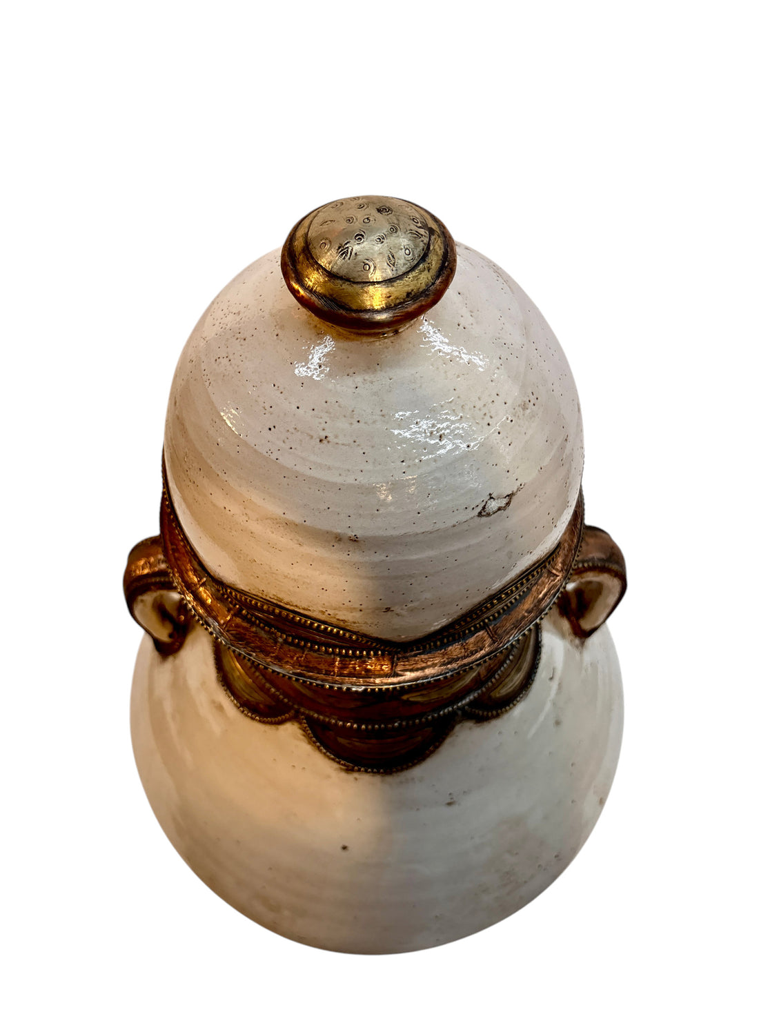 Moroccan Cream-Glazed Handled Lidded Urn with Brass Metalwork Collar