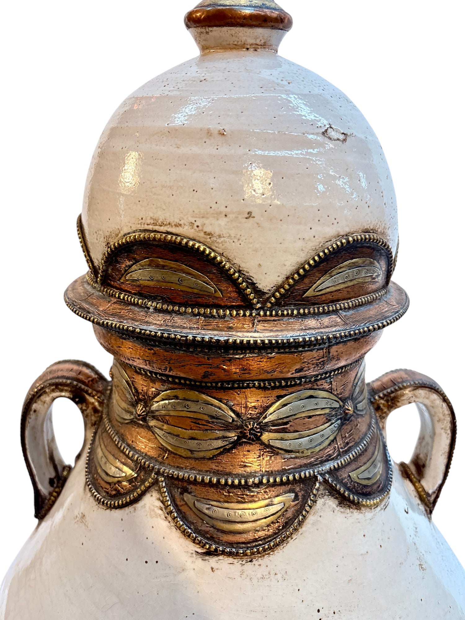 Moroccan Cream-Glazed Handled Lidded Urn with Brass Metalwork Collar