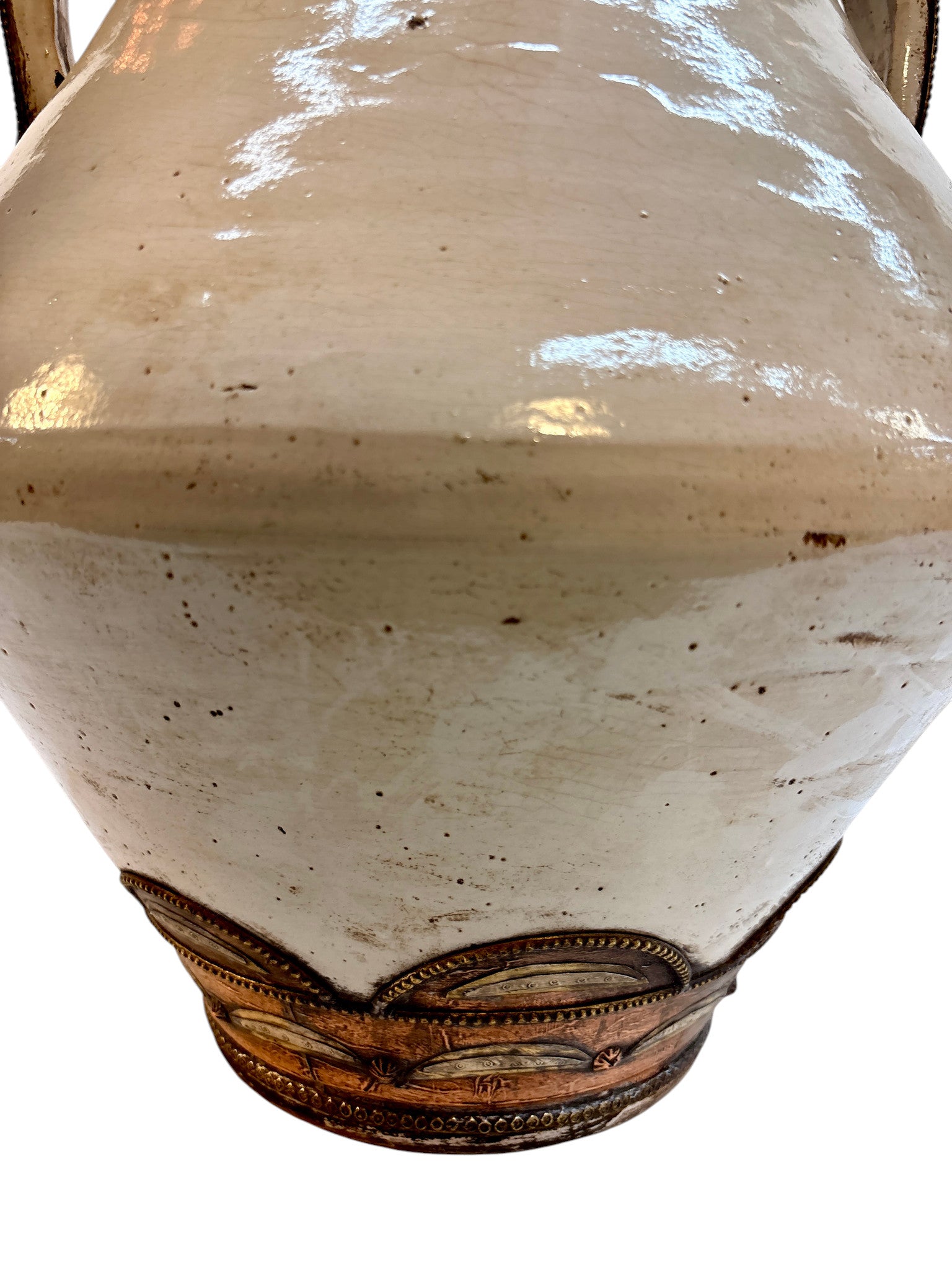 Moroccan Cream-Glazed Handled Lidded Urn with Brass Metalwork Collar
