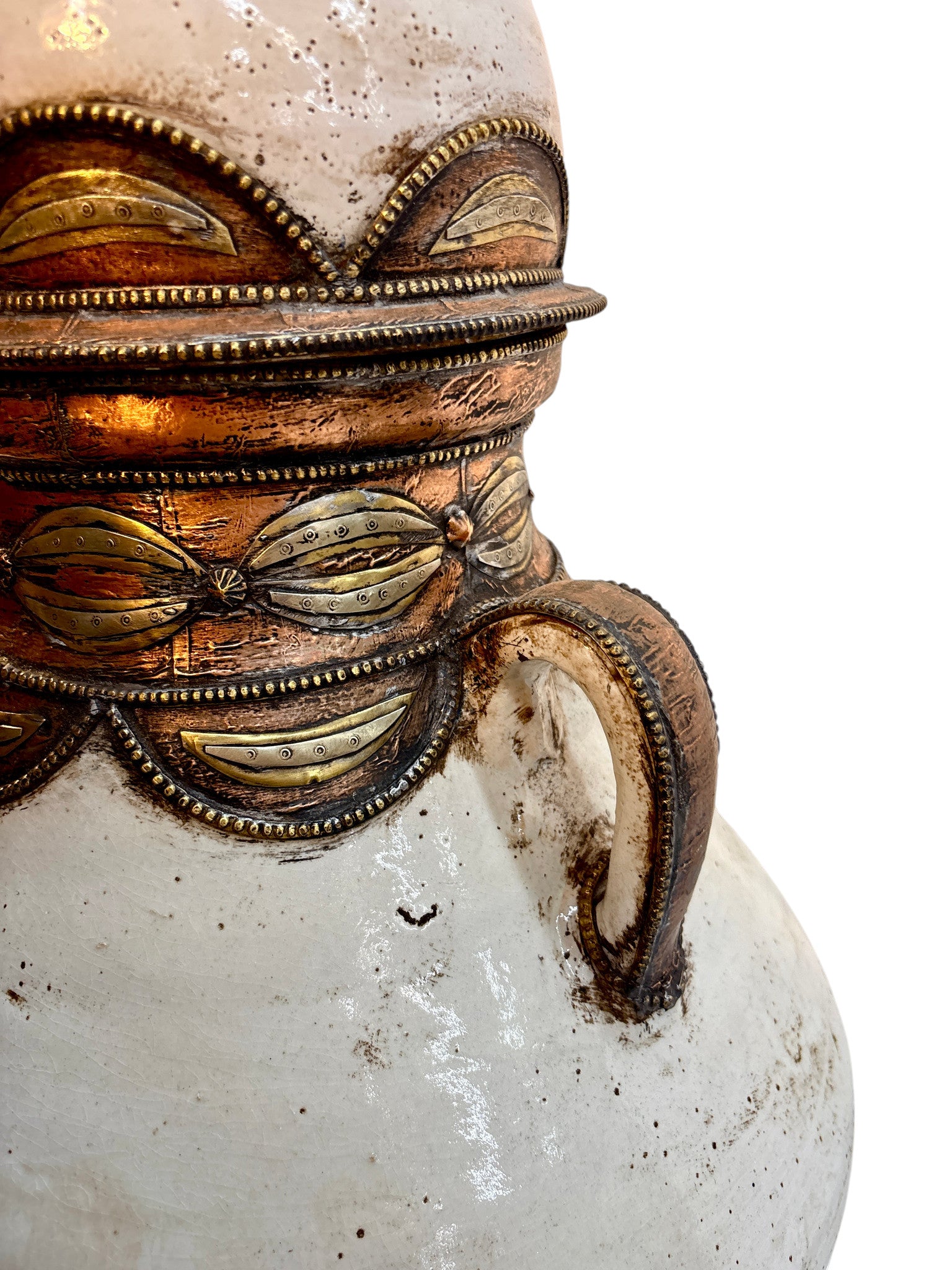 Moroccan Cream-Glazed Handled Lidded Urn with Brass Metalwork Collar