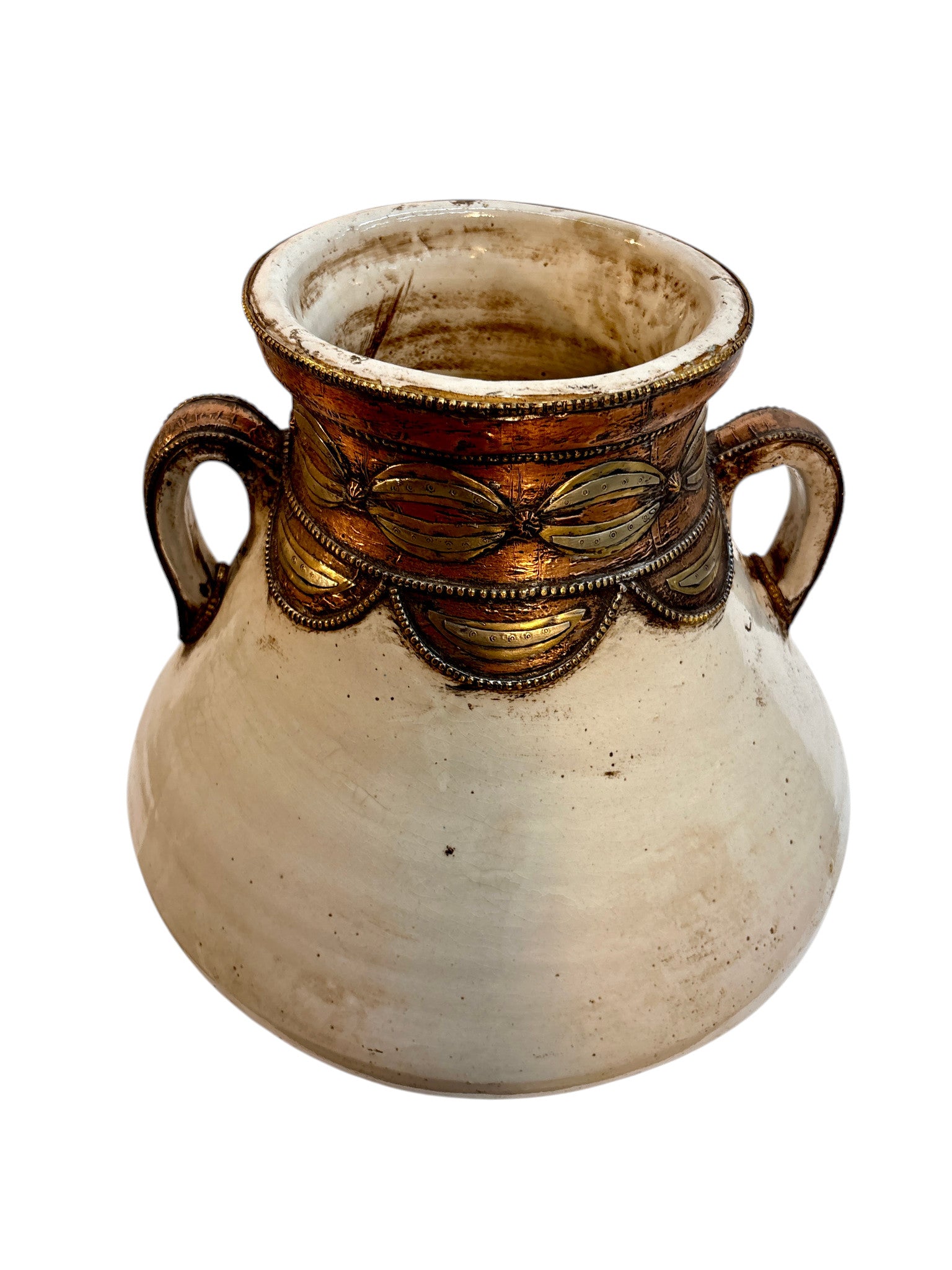 Moroccan Cream-Glazed Handled Lidded Urn with Brass Metalwork Collar