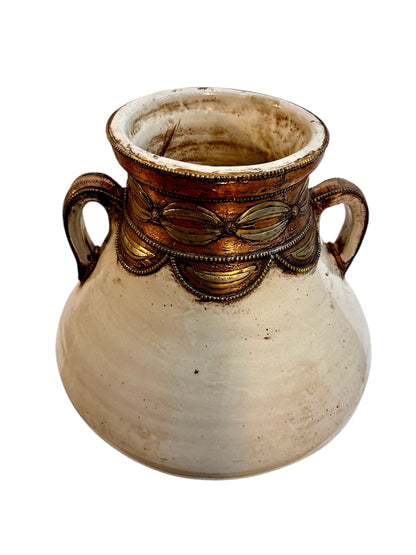Moroccan Cream-Glazed Handled Lidded Urn with Brass Metalwork Collar