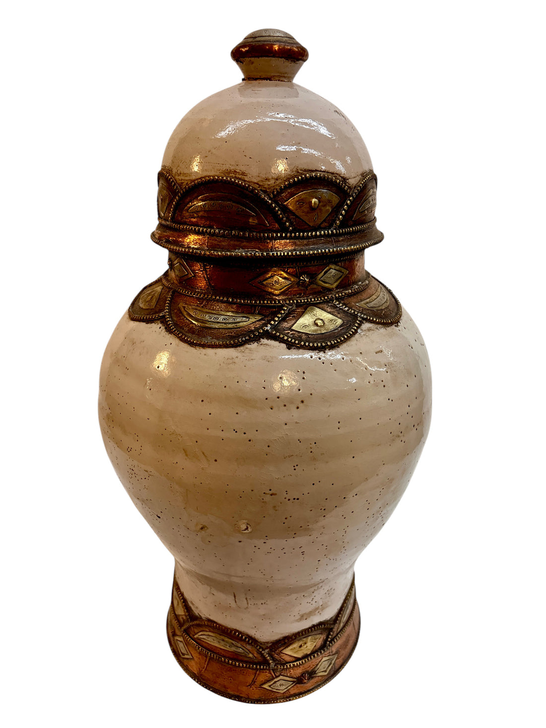 Moroccan Cream-Glazed Lidded Urn with Brass Metalwork Bands