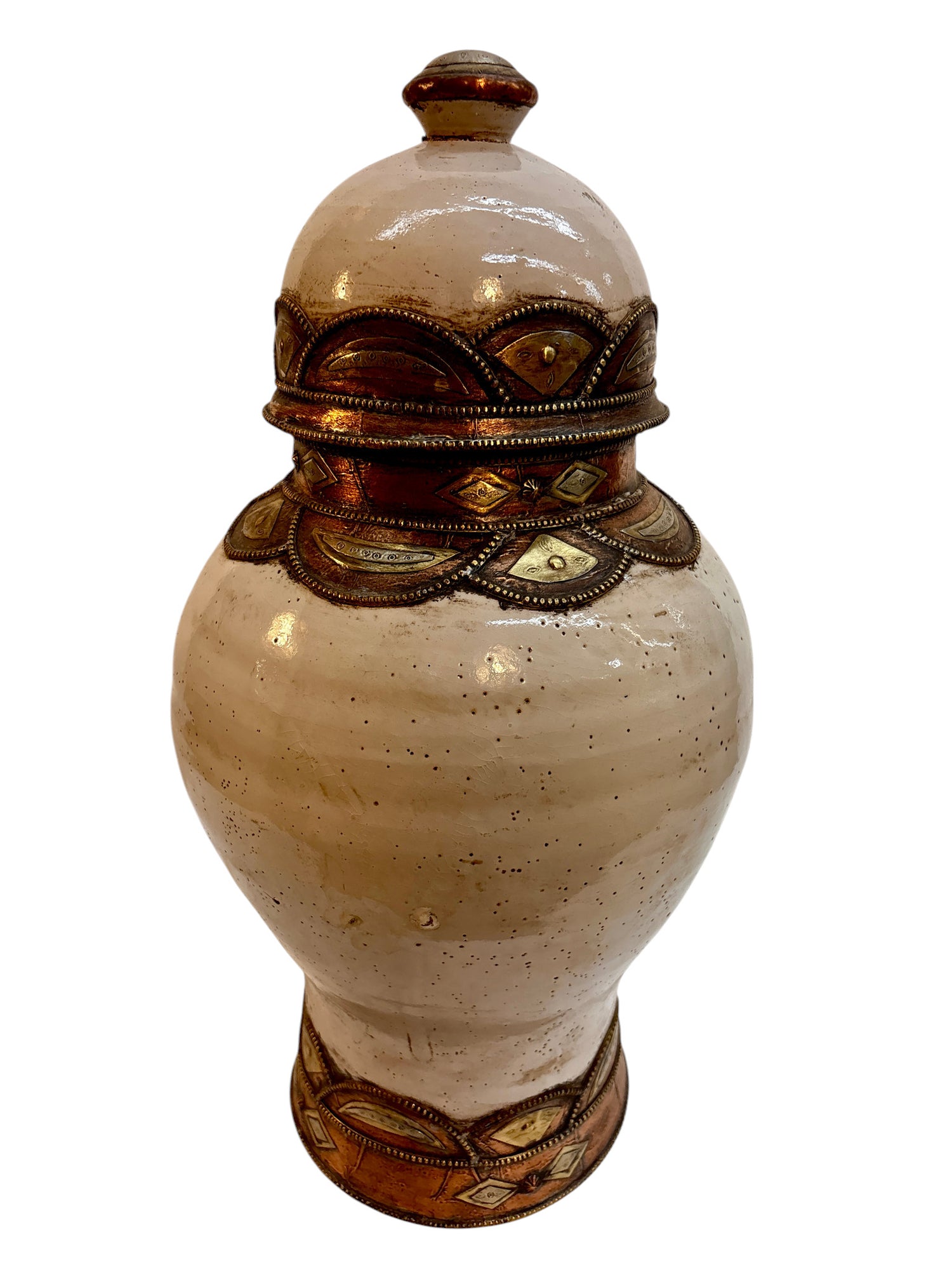 Moroccan Cream-Glazed Lidded Urn with Brass Metalwork Bands