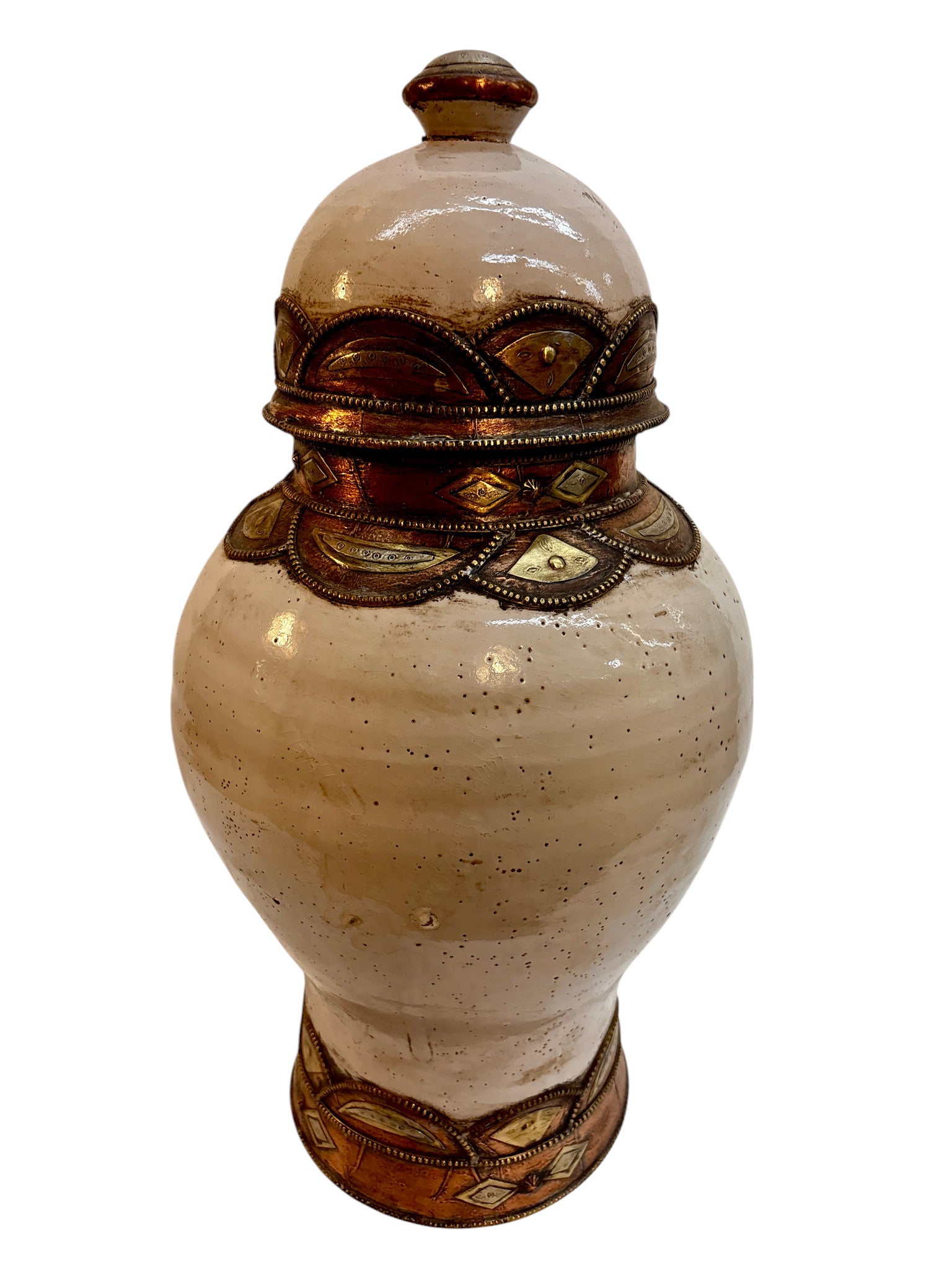 Moroccan Cream-Glazed Lidded Urn with Brass Metalwork Bands