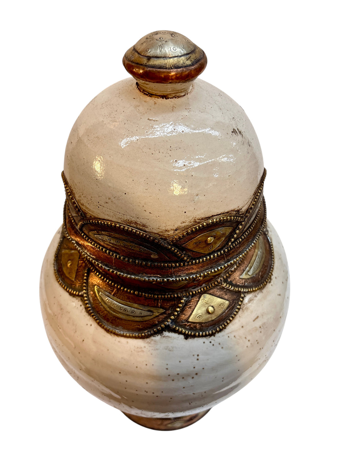 Moroccan Cream-Glazed Lidded Urn with Brass Metalwork Bands
