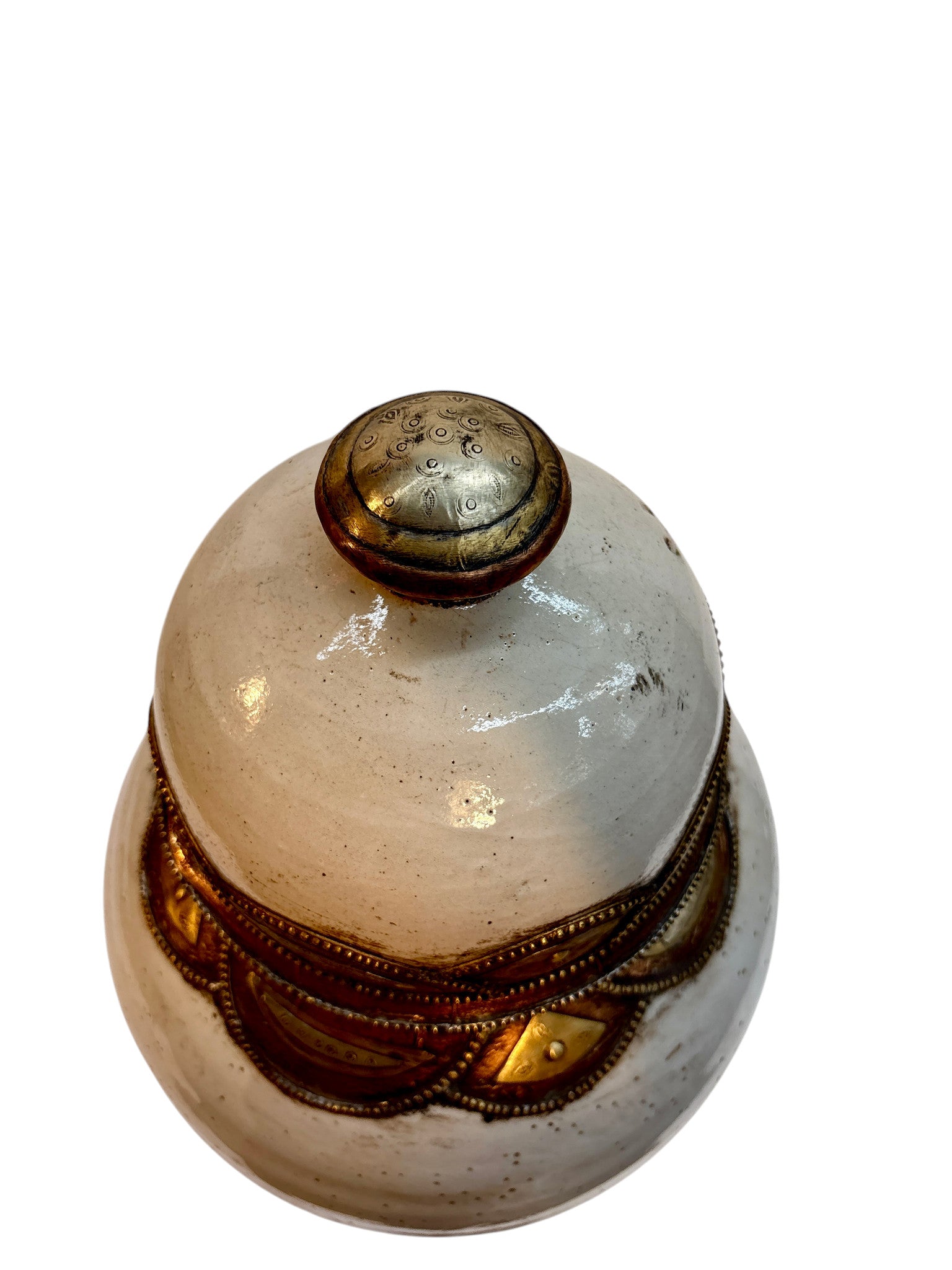 Moroccan Cream-Glazed Lidded Urn with Brass Metalwork Bands
