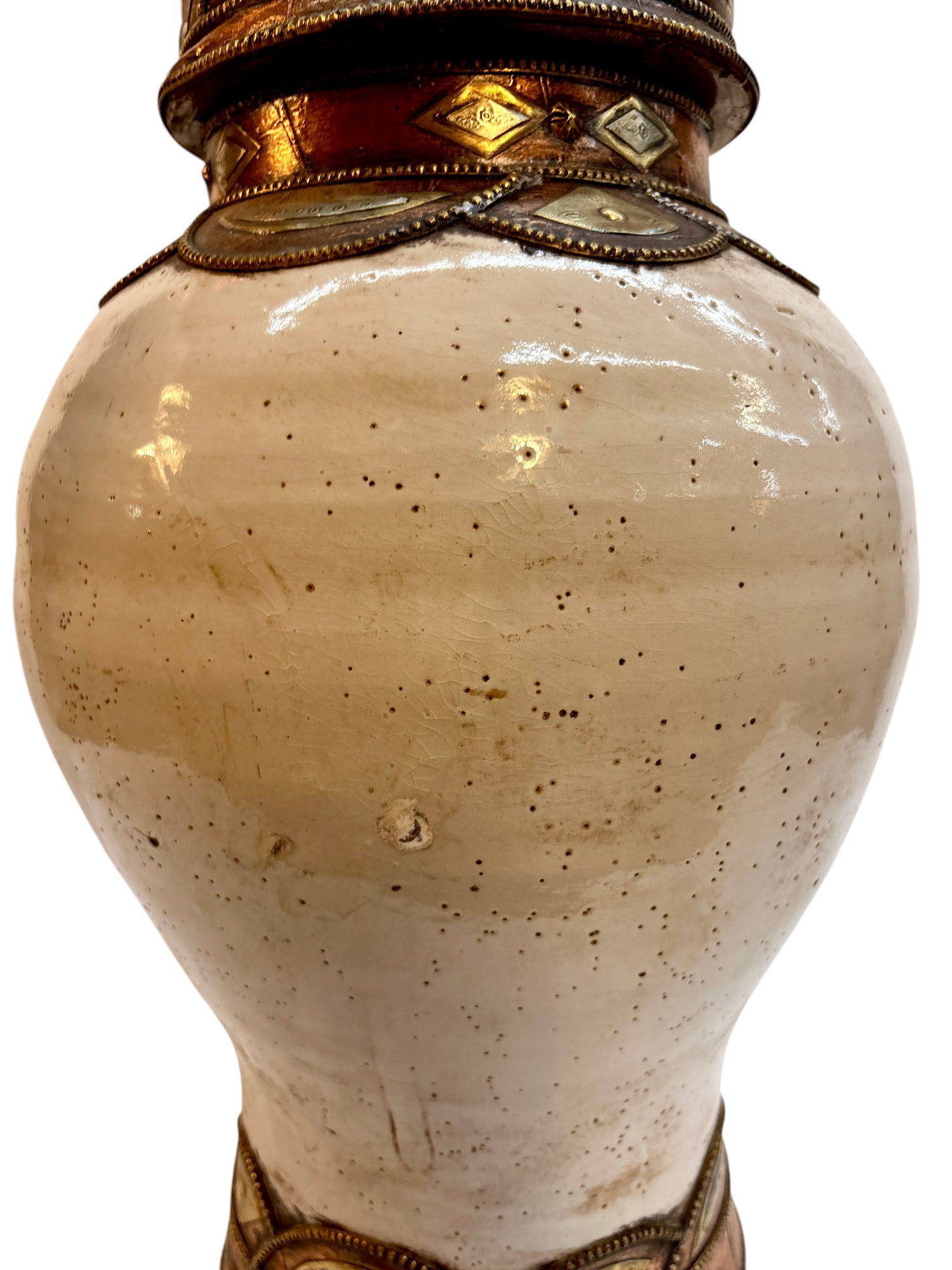 Moroccan Cream-Glazed Lidded Urn with Brass Metalwork Bands