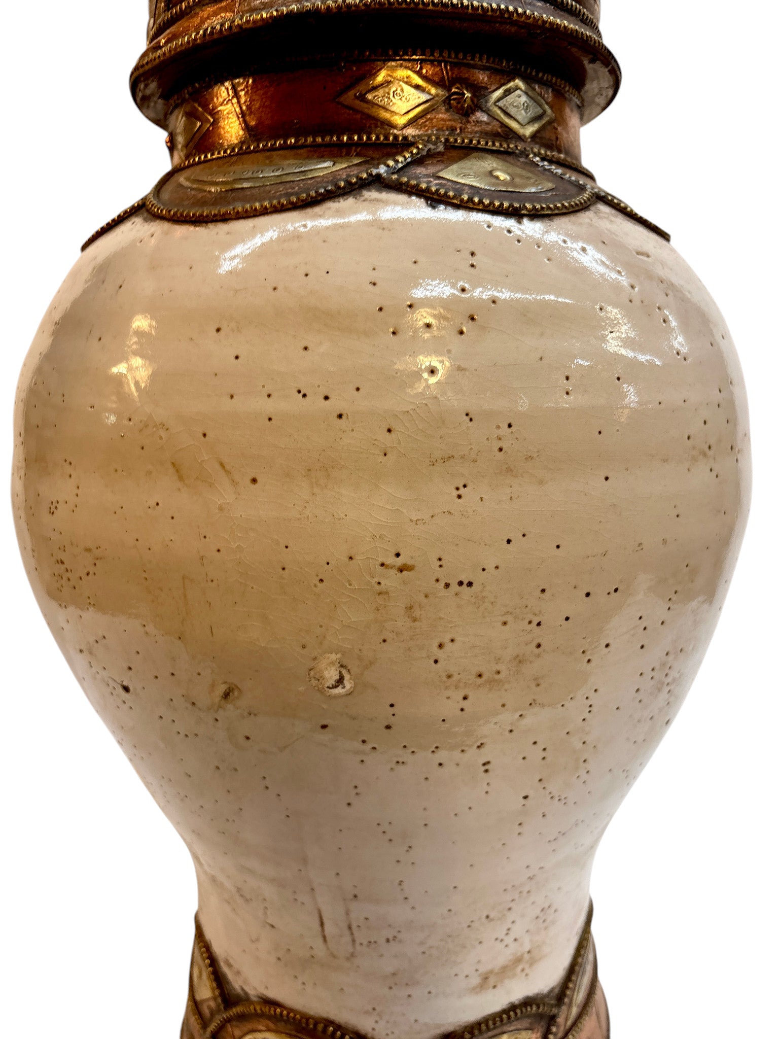 Moroccan Cream-Glazed Lidded Urn with Brass Metalwork Bands