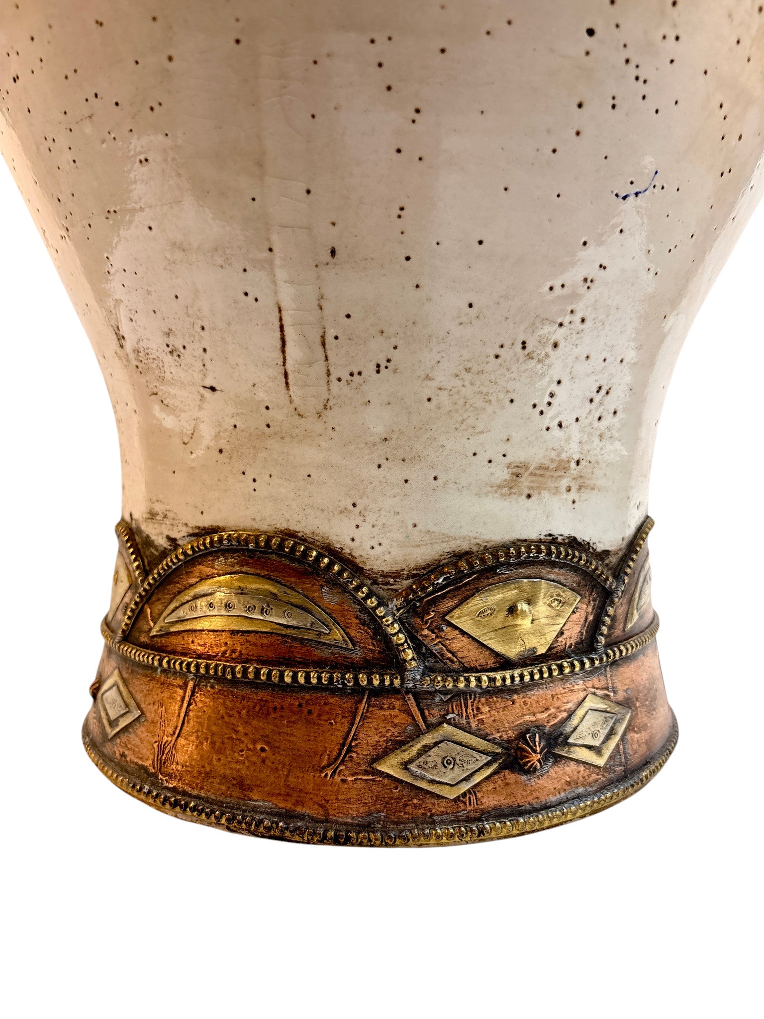 Moroccan Cream-Glazed Lidded Urn with Brass Metalwork Bands