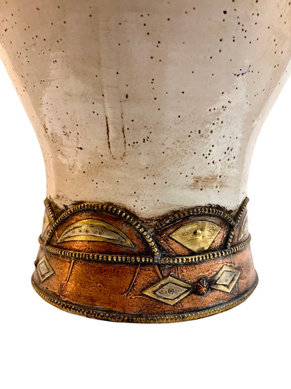 Moroccan Cream-Glazed Lidded Urn with Brass Metalwork Bands