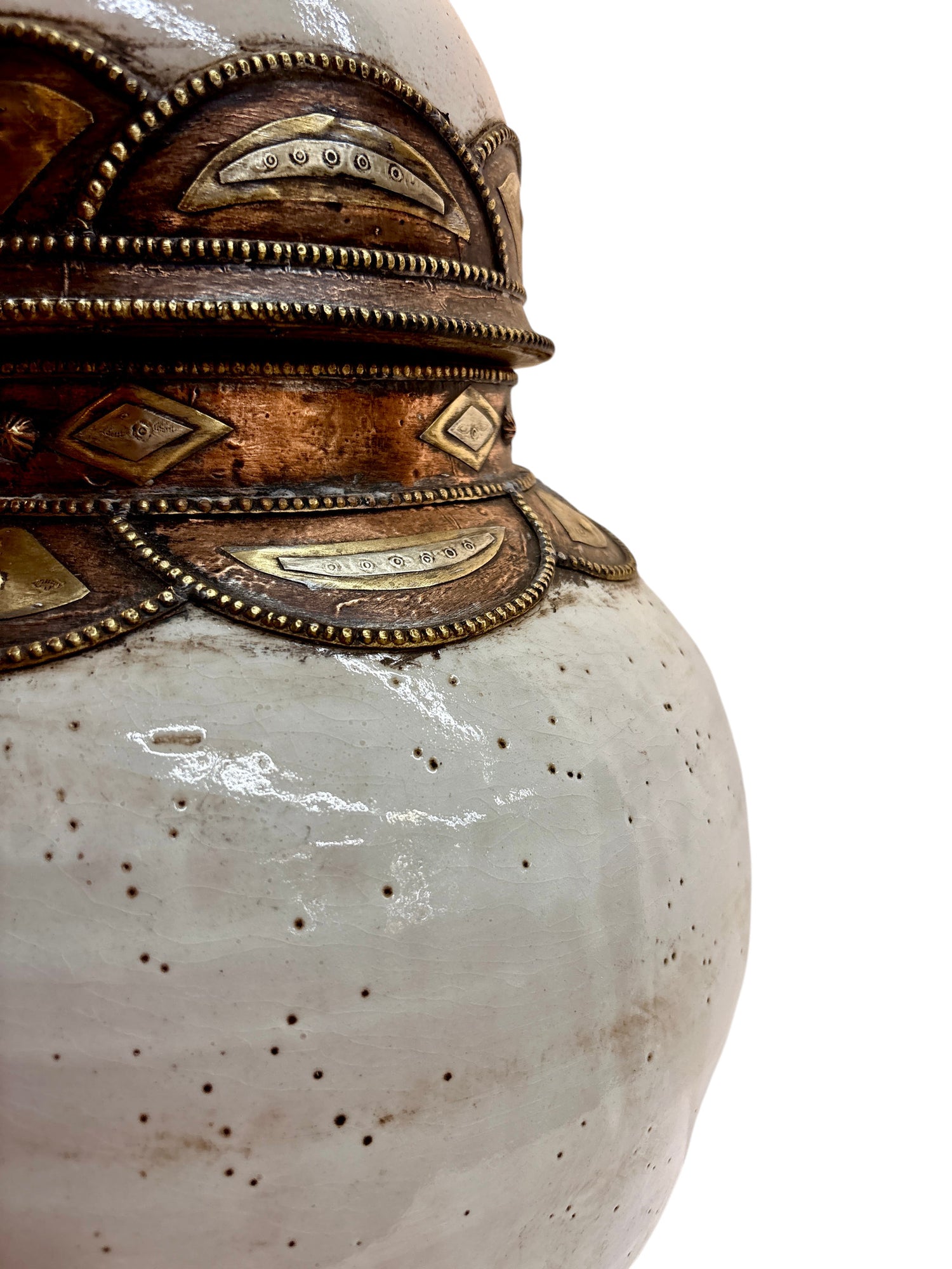 Moroccan Cream-Glazed Lidded Urn with Brass Metalwork Bands