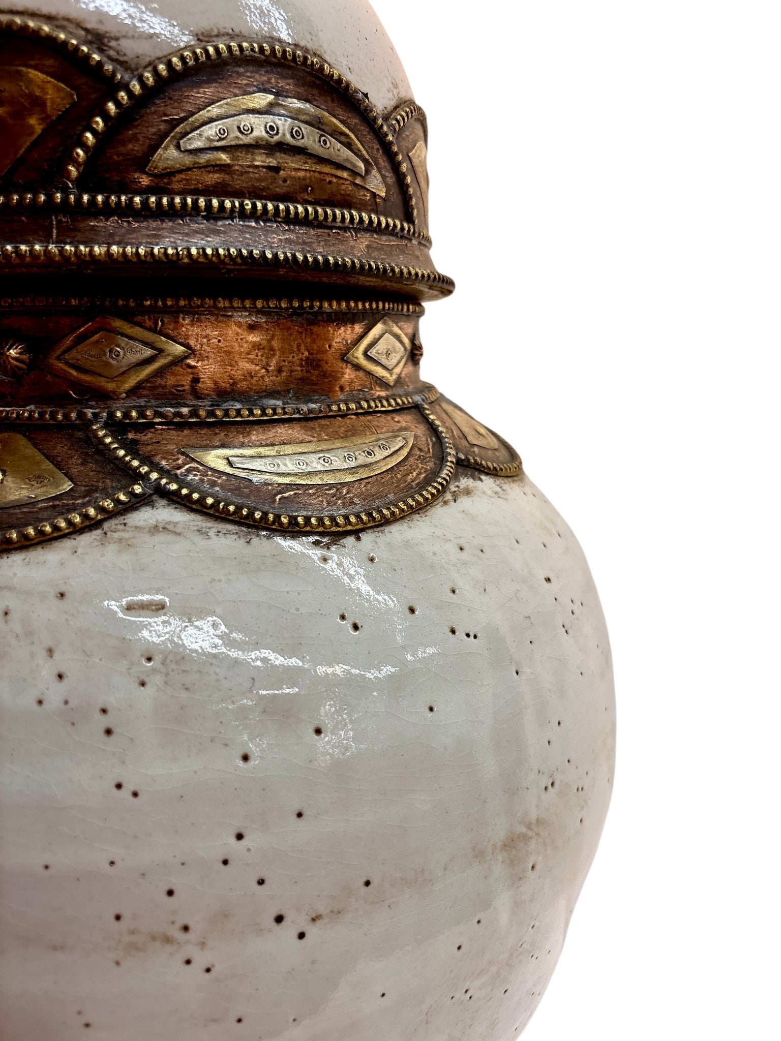 Moroccan Cream-Glazed Lidded Urn with Brass Metalwork Bands