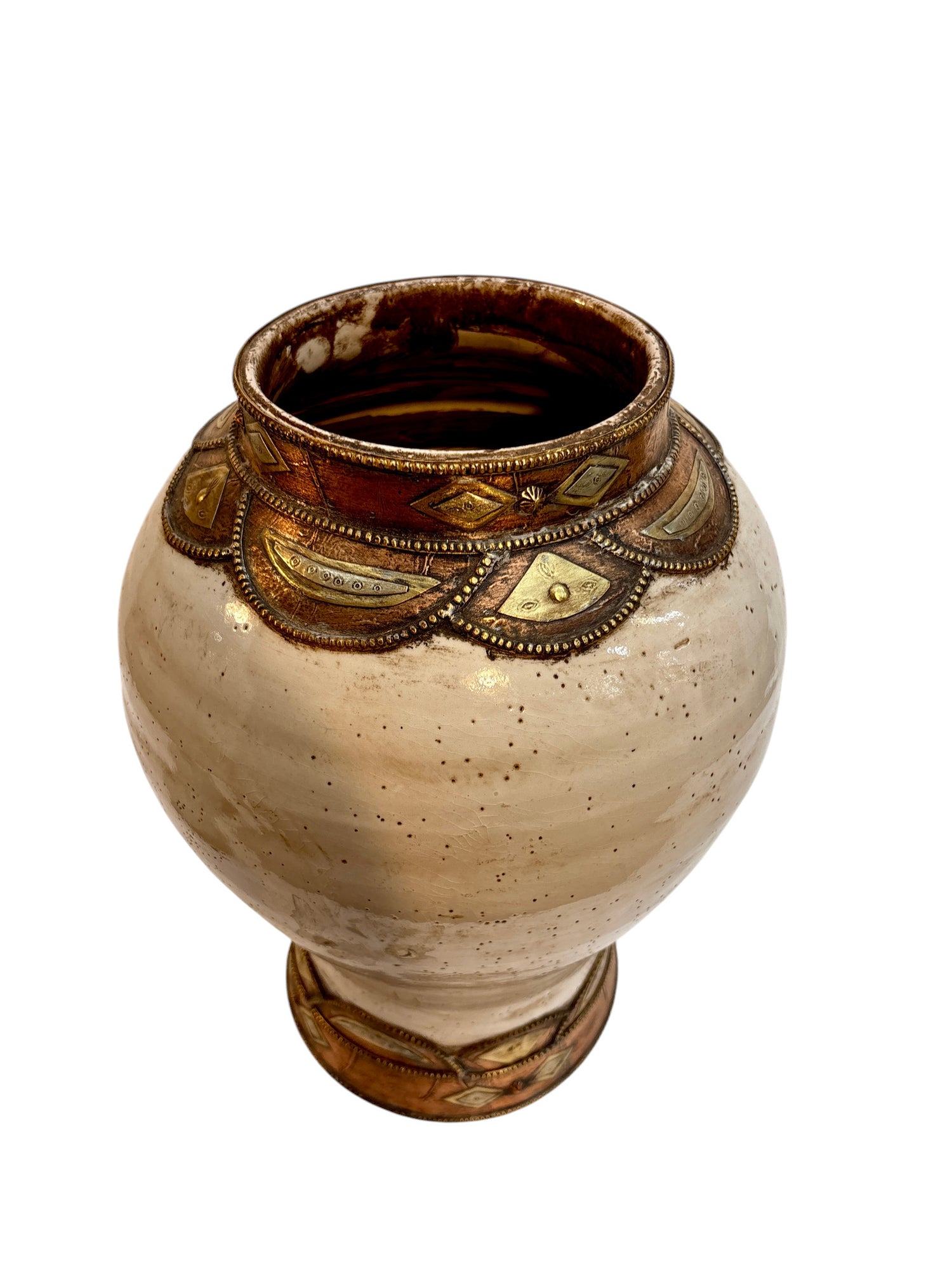 Moroccan Cream-Glazed Lidded Urn with Brass Metalwork Bands