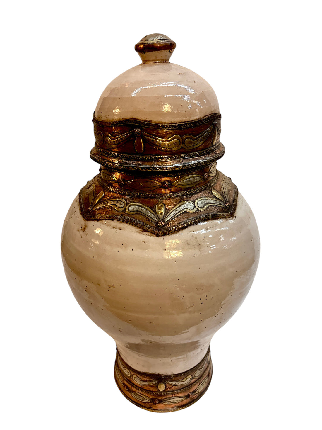 Moroccan Cream-Glazed Lidded Urn with Draped Brass Metalwork