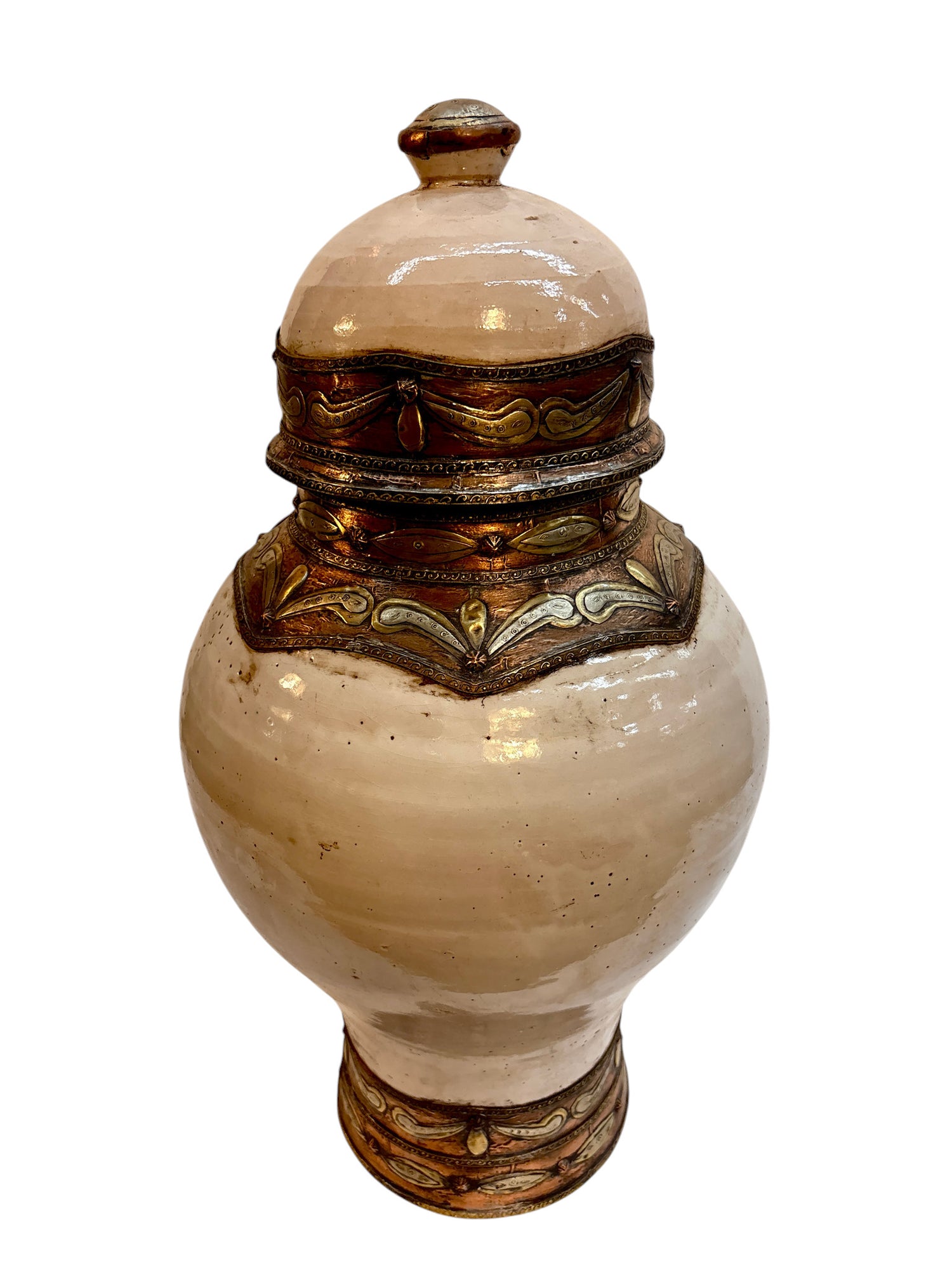 Moroccan Cream-Glazed Lidded Urn with Draped Brass Metalwork
