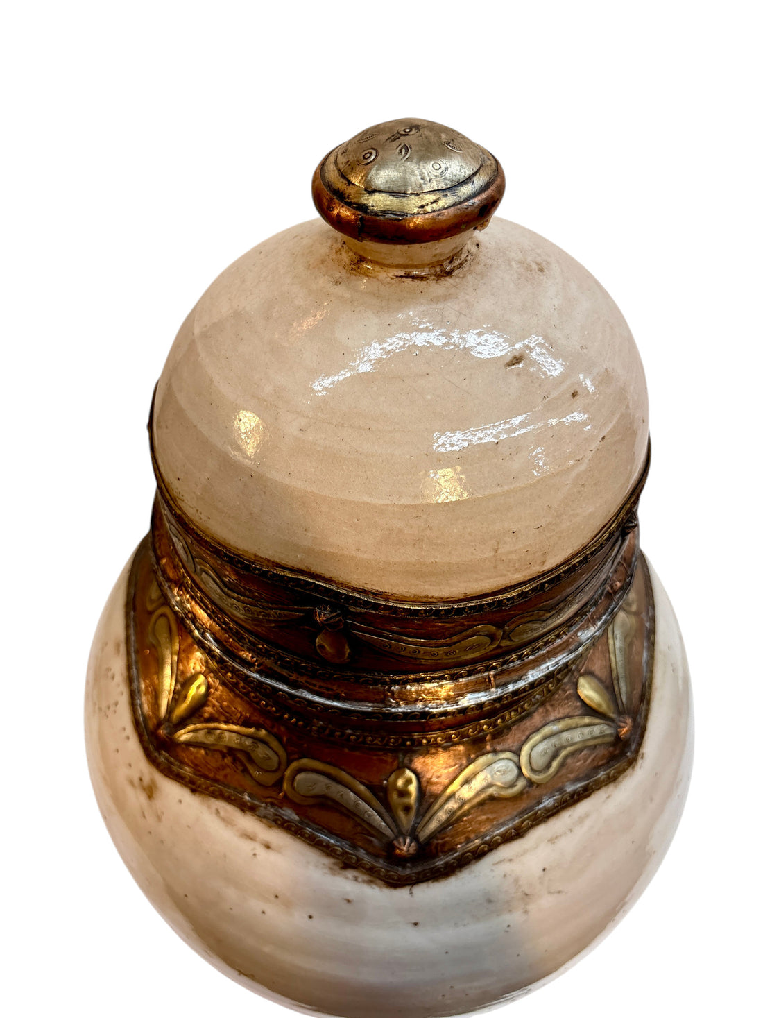Moroccan Cream-Glazed Lidded Urn with Draped Brass Metalwork
