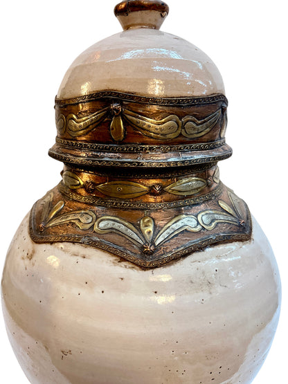 Moroccan Cream-Glazed Lidded Urn with Draped Brass Metalwork