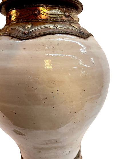 Moroccan Cream-Glazed Lidded Urn with Draped Brass Metalwork