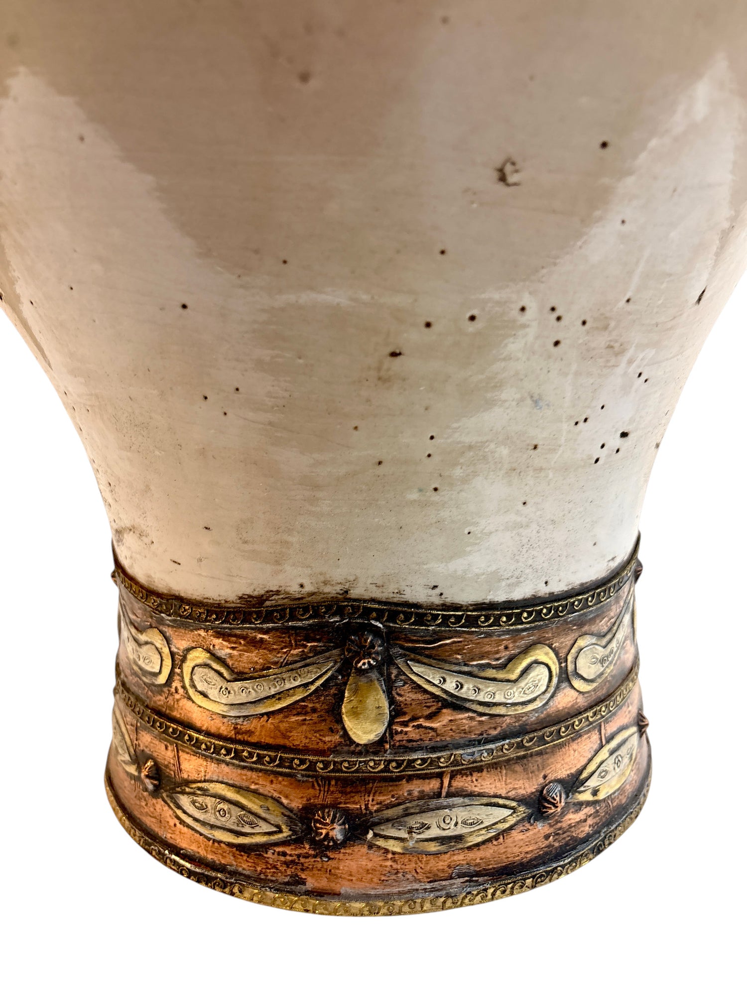 Moroccan Cream-Glazed Lidded Urn with Draped Brass Metalwork