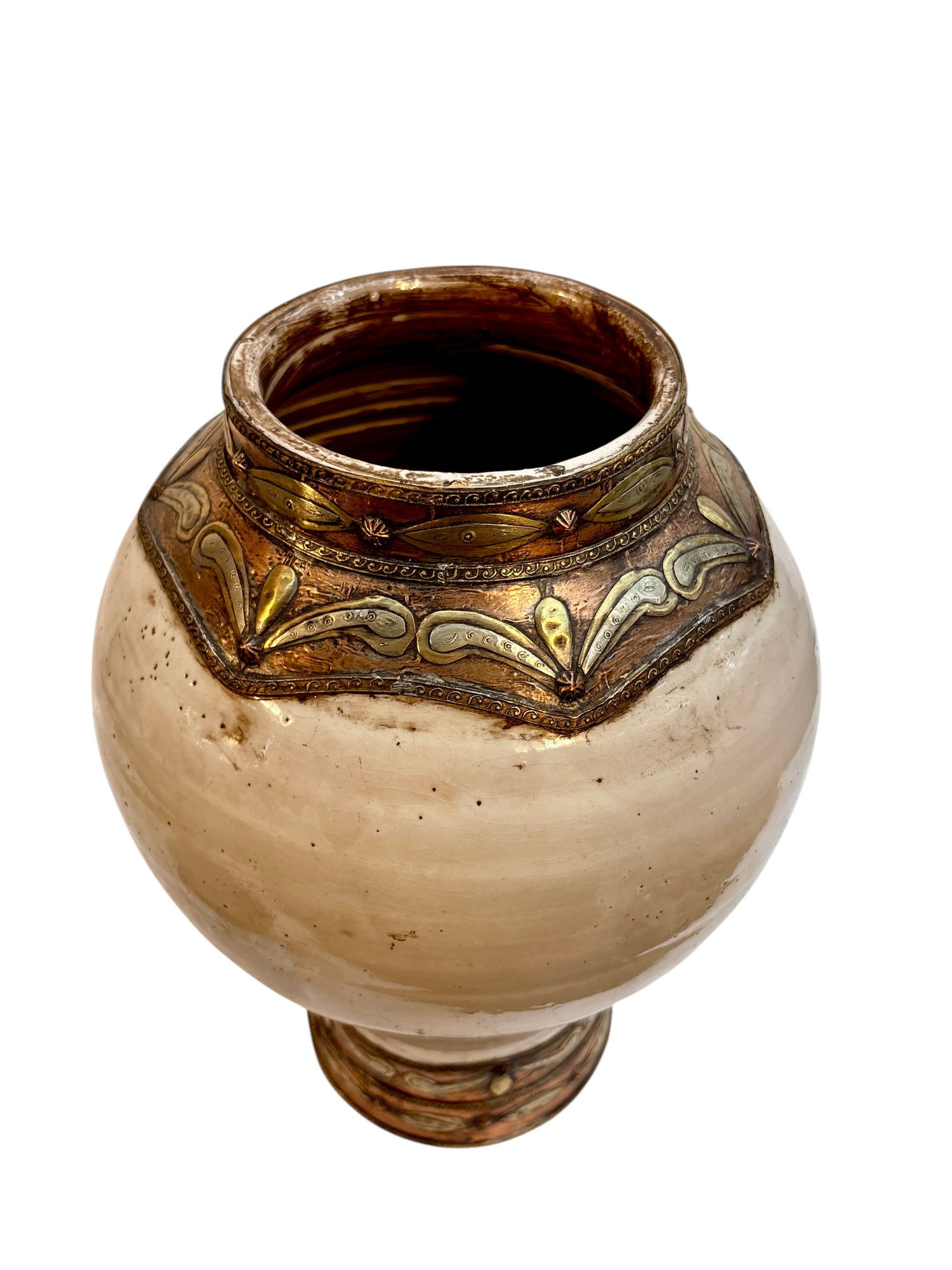 Moroccan Cream-Glazed Lidded Urn with Draped Brass Metalwork