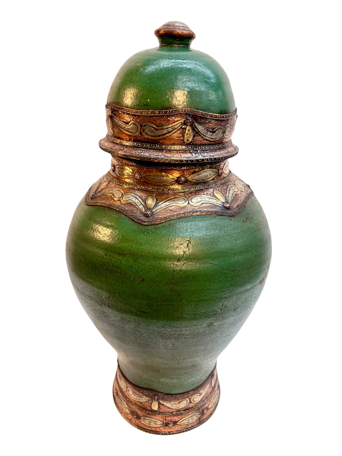 Moroccan Green-Glazed Lidded Urn with Brass &amp; Copper Metalwork