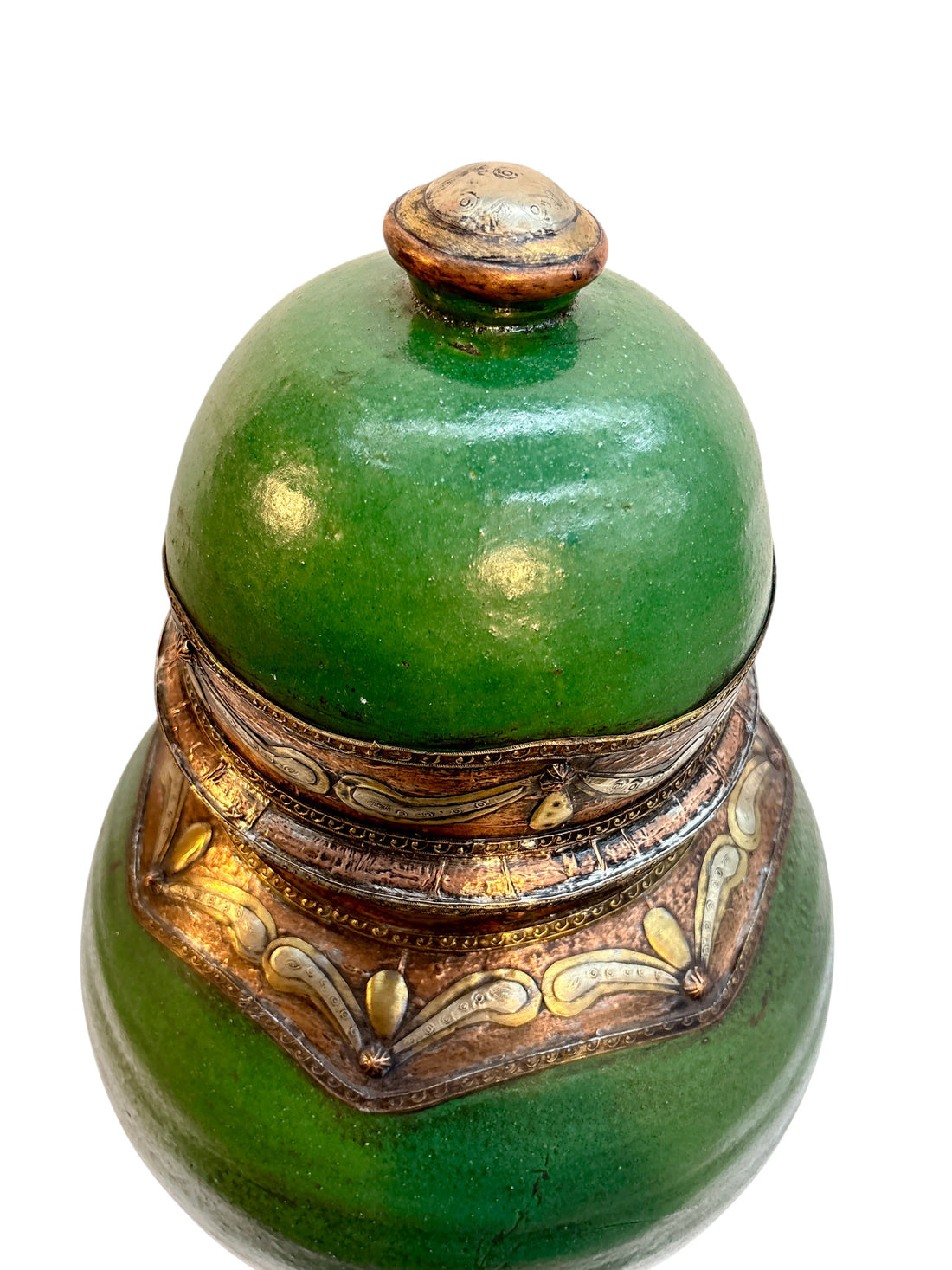 Moroccan Green-Glazed Lidded Urn with Brass &amp; Copper Metalwork