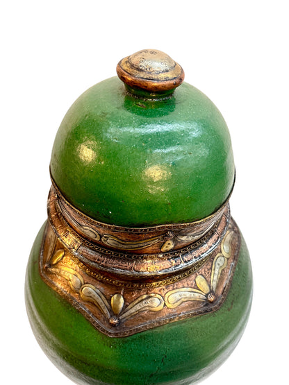 Moroccan Green-Glazed Lidded Urn with Brass &amp; Copper Metalwork