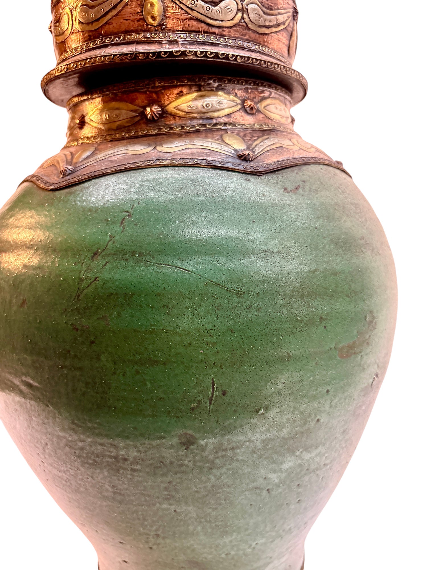 Moroccan Green-Glazed Lidded Urn with Brass &amp; Copper Metalwork