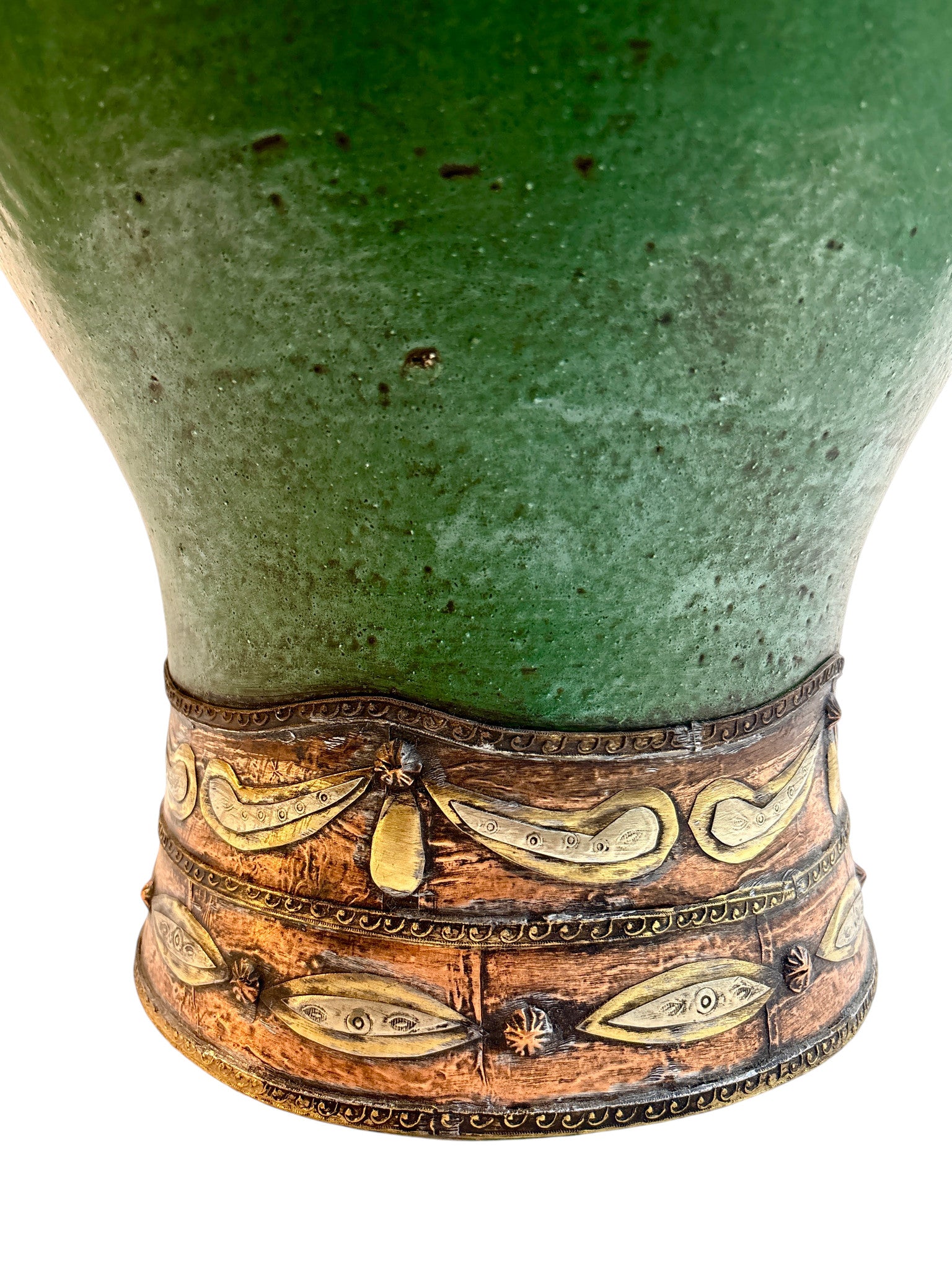 Moroccan Green-Glazed Lidded Urn with Brass &amp; Copper Metalwork