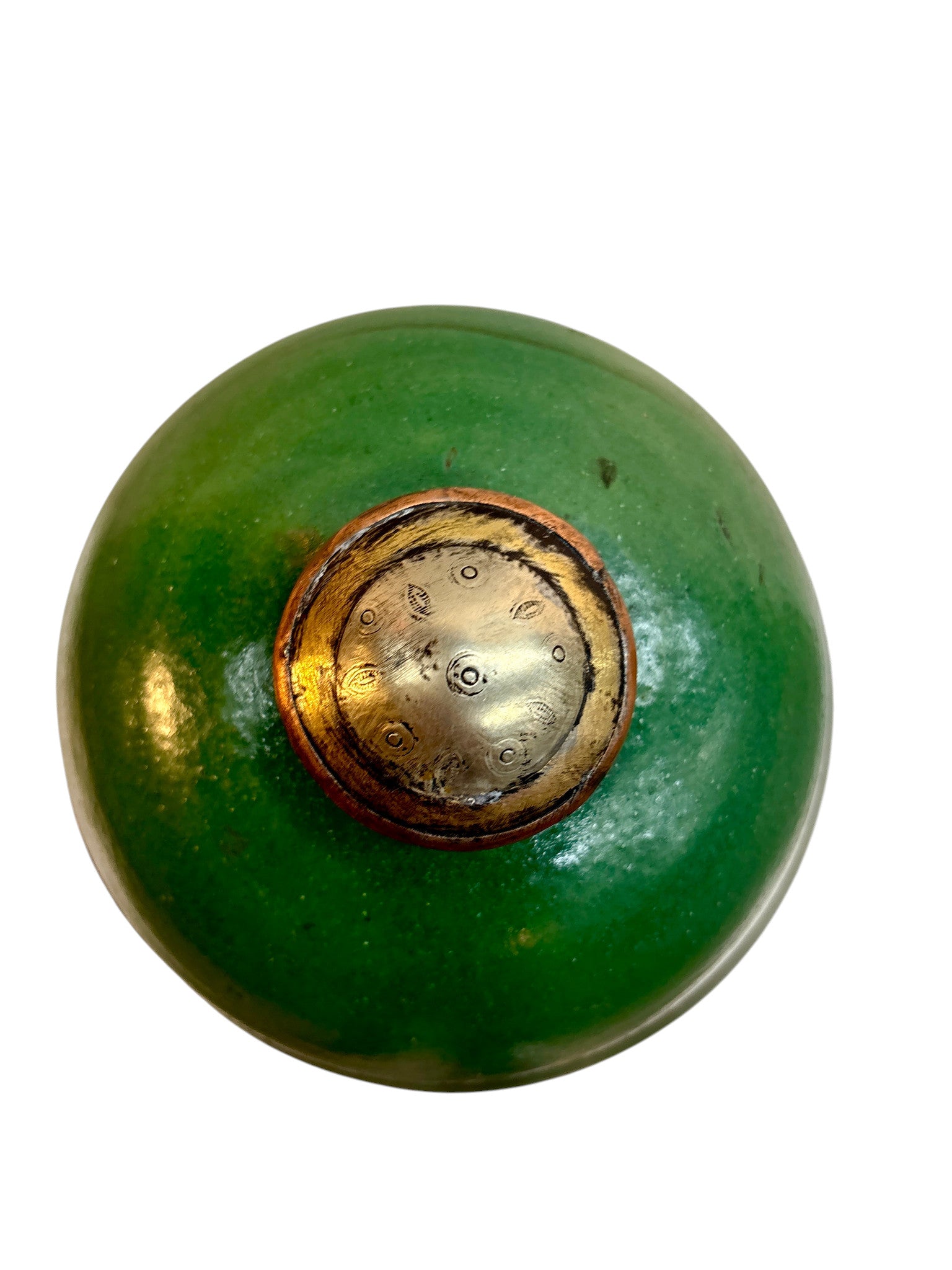 Moroccan Green-Glazed Lidded Urn with Brass &amp; Copper Metalwork