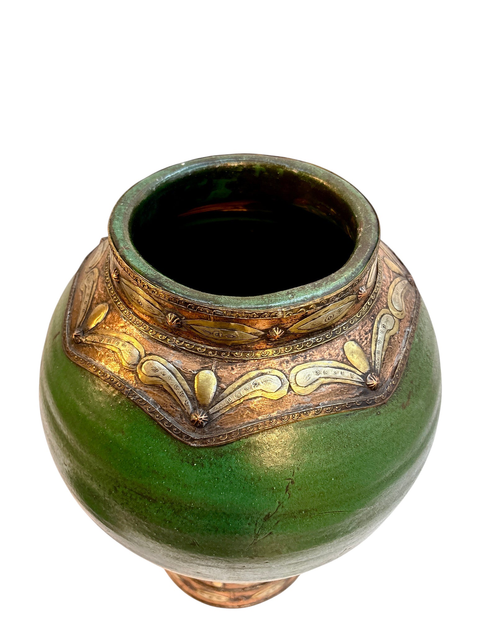 Moroccan Green-Glazed Lidded Urn with Brass &amp; Copper Metalwork