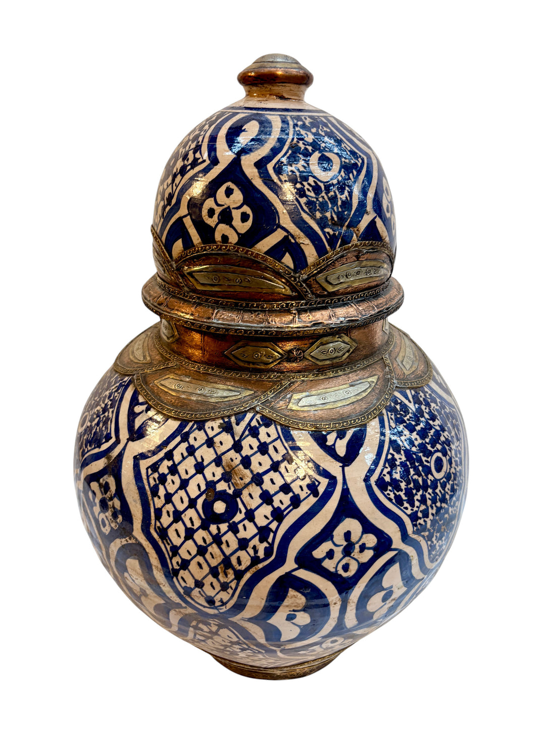 Moroccan Hand-Painted Blue &amp; White Double-Gourd Lidded Urn with Filigreed Brass